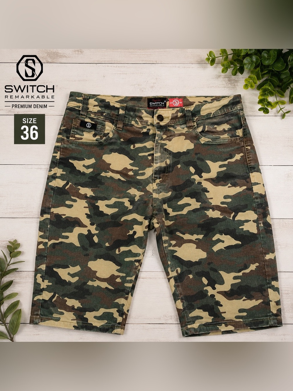 Switch Remarkable Premium Denim Men’s Woodland Camo Jorts – Size 36